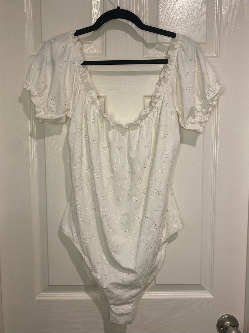 Plus Size ASOS White Eyelet Puff Sleeve Swimsuit with Ruching